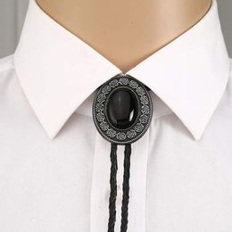 Nature stone silver flower bolo tie for man cowboy western cowgirl leather rope zinc alloy necktie 240105