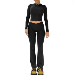 Women's Two Piece Pants Casual Outfits Solid Colour Long Sleeve Cropped Tops T-shirts 2 Sports Clothes Loungewear Set