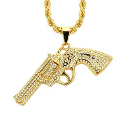 Hip Hop Pistol Gun Necklace Pendant Iced Rhinestone Gold Silver Color Charm Bling bling Jewelry Long Cuban Chain3808212