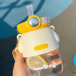 Water Bottles Cute Bear Bottle With Straw For Kids Girls School Portable Strap Transparent Plastic Drinking Cup BPA Free