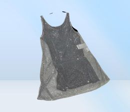 Shiny Rhine Mesh Vest Dresses With Base Skirt Designer Brand Ladies Party Night Club Silver Dress High Grade Womens Clothes8162370