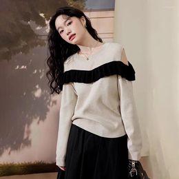 Women's Sweaters Spring Autumn Long-sleeved Knit Sweater High Quality Elegant Commuter Round Neck Strapless Splicing Pullover Top Jumpers