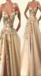 One Shoulder Tulle A Line Long Prom Dresses 3D Floral Lace Applique Beaded Split Floor Length Formal Party Evening Dresses8676627