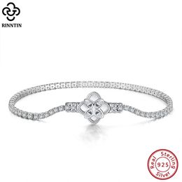 Rinntin 925 Sterling Silver Unique Rotatable Clover Tennis Bracelet 2mm Cubic Zirconia for Women Chain Jewelry SB140 240105