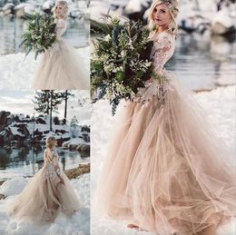 Lace Beach Champagne Wedding Dresses With Long Sleeves Tulle Backless Fairy Tale Bride Gowns Vestido De Noiva