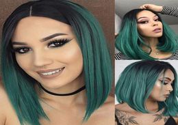 Green Lace Front Wigs Dark Roots Ombre Green 2 Tone Color Short Bob Wig Heat Resistant Fiber Synthetic Hair Glueless Lace Wigs for2721238