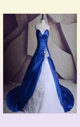 Vintage Royal Blue Satin Wedding Dresses White Organza Lace Applique Chapel Train Wedding Bridal Ball Gown Beaded Custom Made Plus3720124
