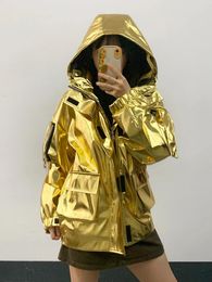 Dress Nerazzurri Spring Oversized Cool Silver Gold Blue Shiny Reflective Patent Pu Leather Jacket Women with Hood Unisex Y2K Clothes