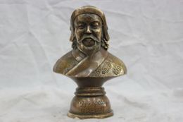 Crafts 7'' China Pure Bronze Genghis Khan Bust Statue Carved Auspicious Flowers