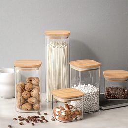 Bamboo Lid Glass Storage Bottles Jars Kitchen Sealed Food Container Canister Tea Coffee Beans Grains Candy Jars Orgnizer Boxes 240106