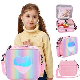 Lunch Bag Rainbow Loving Heart Laser Portable Large Bento Pouch for Children Girl Thermal Insulated Cooler Shoulder Picnic Box 240106