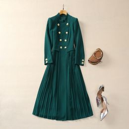 2024 primavera verde cor sólida vestido plissado manga longa gola painéis vestidos casuais trespassado s3d121207