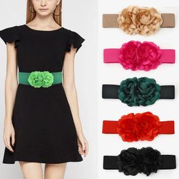 Belts Big Chiffon Two-flowers Decor Waistband Wide Waist Belt Solid Colour Elastic Cummerbunds Metal Button Women Sash Dress Decorative