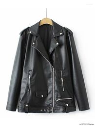 Women's Jackets 2024 Women Black Oversized Faux Leather Jacket Zipper Long Sleeve Ladies Coat