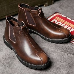 Autumn Winter Classic Mens Genuine Leather for Brown Slip-on Ankle Men Platform Boots Botas Hombre