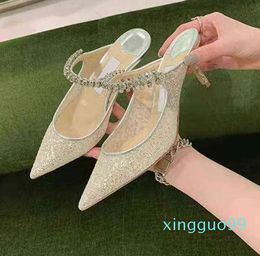 new pointed thin heel high-heeled shoes Sequin mesh Rhinestone flat slippers with wrapped head