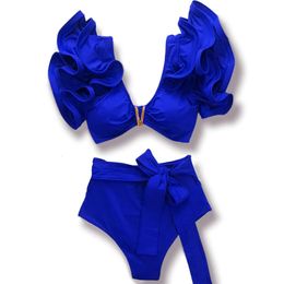 V-Neck High Waist Bikini Sets Shoulder Ruffled Sexy Printed Swimsuit Two Pieces Swimwear Women Bathing Suits Beachwear 240105