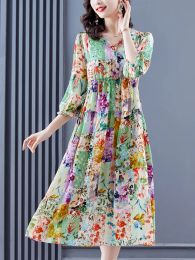 Spring Summer Floral Silk Ruffled V-Neck Midi Dress Women Fashion Light Casual Dress 2023 Korean Vintage Elegant Bodycon