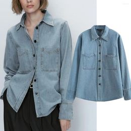 Women's Blouses Elmsk Vintage Washed Old Boyfriend Style Pocket Shirt Lady Spring And Summer Fashion Denim 2024