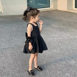 Girl Dresses Korea Girls Fashion Open Back Bow Black Dress 2024 Summer Little Casual Solid Colour Strap Sweet Kids Clothes