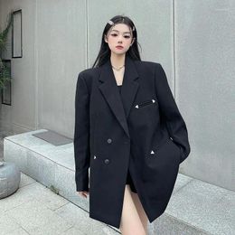 Women's Suits Fall/Winter Vintage Casual Cropped Metallic Embellished Blazer Coat Black Hepburn Style Loose Double-breasted Blazers