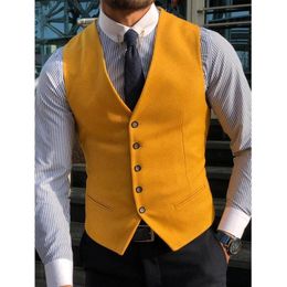 Jackets Mens Suit Vest Yellow Tweed Business Waistcoat Jacket V Neck Formal Casual For Wedding Groomman Male Man Suit Vests