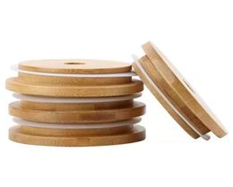 Bamboo Cap Lids 70mm 88mm Reusable Wooden Mason Jar Drinkware Lids with Straw Hole and Silicone Seal DHL Delivery FY50153523203