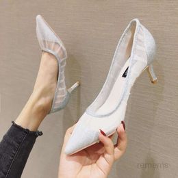 Dress Shoes Sexy Lace High Heels Wedding Woman Pointed Toe Silver Glitter Are Mesh Pumps 2023 Ladies Bling Talon Femme
