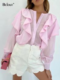 Shirts Bclout Summer Ruffled Linen Blouses Women 2023 Fashion Office White Long Sleeve Thin Shirts Elegant Pink Transparen Loose Shirts