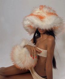 European and American big brim hat Women's winter wool warm thickened imitation raccoon dog hat Bucket hat bucket hat women 240106