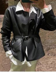 Women's Leather 2024 Women Genuine Sheepskin Pebbled Jacket Stand Collar Slimming Belt E1