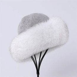 Women's Angora Knitted Beanie Hat With Fox Fur Trimming Bucket Cap Top Hats Fleece Lining 240106