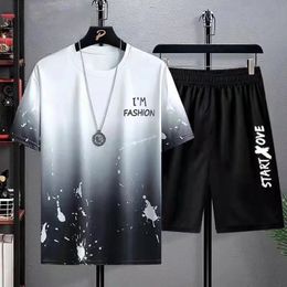 Summer Fashion Men's Ice Silk Loose Gradient Tracksuit Letter Printing Short Sleeved T-shirt And Shorts Pants Two Piece Sets 240106