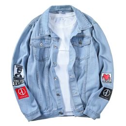 Men Stylish Loose Denim Jacket Cowboy Slim Fit Bomber Outwear Coat Clothing Men's Jean Hip Hop Print 240105