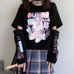 Shirts Anime Women Tshirts 2021 Gothic Print Feminine Clothes Japanese Style Tee Shirt Mingliusili Black Top Mujer with Split Sleeves