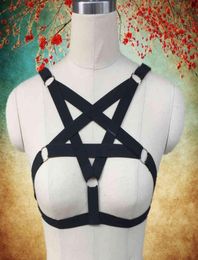 Star Elastic punk goth body sexy Black pentagram Bondage lingerie Goth Caged bra women harness belt5417392