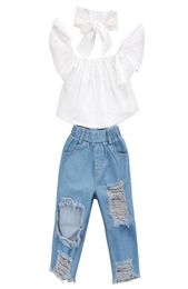 Summer baby girl kids clothes Set Flying sleeve White topRipped Jeans Denim pantsbows Headband 3pcs sets Kids Designer Clothes G2591475
