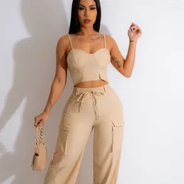 Women's Two Piece Pants 2024 Spring Summer Solid Colour Temperament Camisole Top Tooling Wide Leg Trousers Suit
