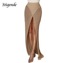 Skirts Stigende Summer Beach Sexy High Split Long Skirt Womens Hollow Out Bodycon Crochet Skirt Fashion Floor Length Knitted Hem Skirts