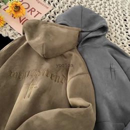 Men's Hoodies Sweatshirts Mens Suede Hoodies Fall Winter Sweatshirt American Vintage College Style Hooded Sweatshirt Fashion Street Trend Clothing