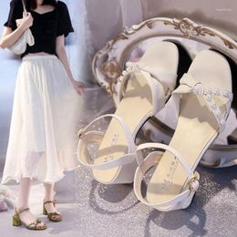 Sandals One Word Green Summer 2024 For Women Bow Pearl Beige Ladies Shoes Footwear Comfortable And Elegant Shoe Korea Sandal F H