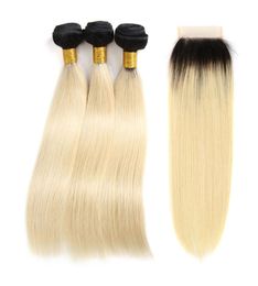 Ombre Closure With Bundles Straight Brazilian 1B613 Blonde Two Tone Black Roots Human Hair 3 Bundles With 44 Part Lace Clos2872290