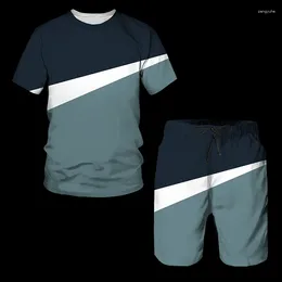 Men's T Shirts Summer Sportswear Patchwork Colour O-Neck T-Shirt Set Fashion And Shorts Sports Suit Men