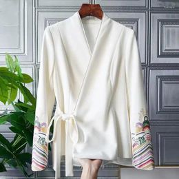Women's Blouses Blusa Mujer Moda 2024 Autumn Elegant Vintage Patchwork Embroidered Blouse Lace Up Wear V Neck Shirt