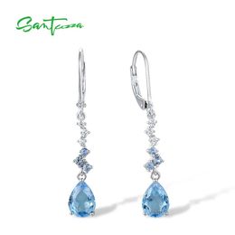 Earrings SANTUZZA Pure 925 Sterling Silver Earrings For Women Sparkling Blue Glass/Spinel White Cubic Zirconia Dangling Fine Jewellery