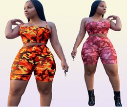 ANJAMANOR Camouflage Print Casual Two Piece Set Crop Top and Pants Summer Short Tracksuit Women Sexy Bodycon Romper D74AA21 CX2008830310