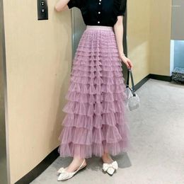 Skirts Women Skirt High Waist A-line Big Swing Ruffle Solid Color Scattered Hem Pleated Patchwork Princess Style Elastic Wa