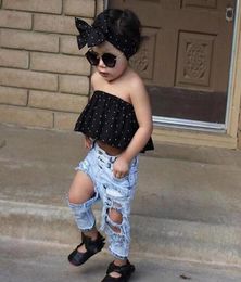 2Pcs Toddler Kids Baby Girls Clothing Set Summer Sleeveless Dot Tops Jeans Denim Outfits Girls Clothes Set6948732