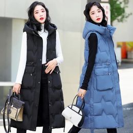 Autumn Winter Hooded Waistcoat Women Long Slim Down Cotton Vests Coat Female Sleeveless Puffer Parkas Outerwear 240106