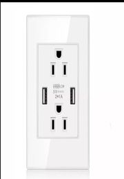US Socket With 2 USB Port Charger 5V 2100mA 3100MA White Wallpad Luxury Wall Double USB Electric Power Outlet PC Panel 15A5763884
